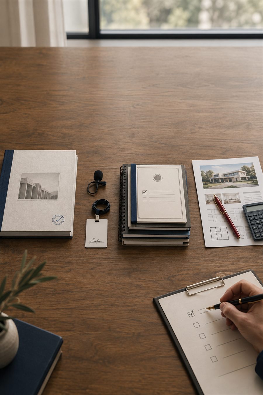A desk laid out with an audit report bearing a certification seal, a lapel microphone and name badge, stacked notebooks, a property listing beside a calculator, and a hand ticking the first box on a checklist.